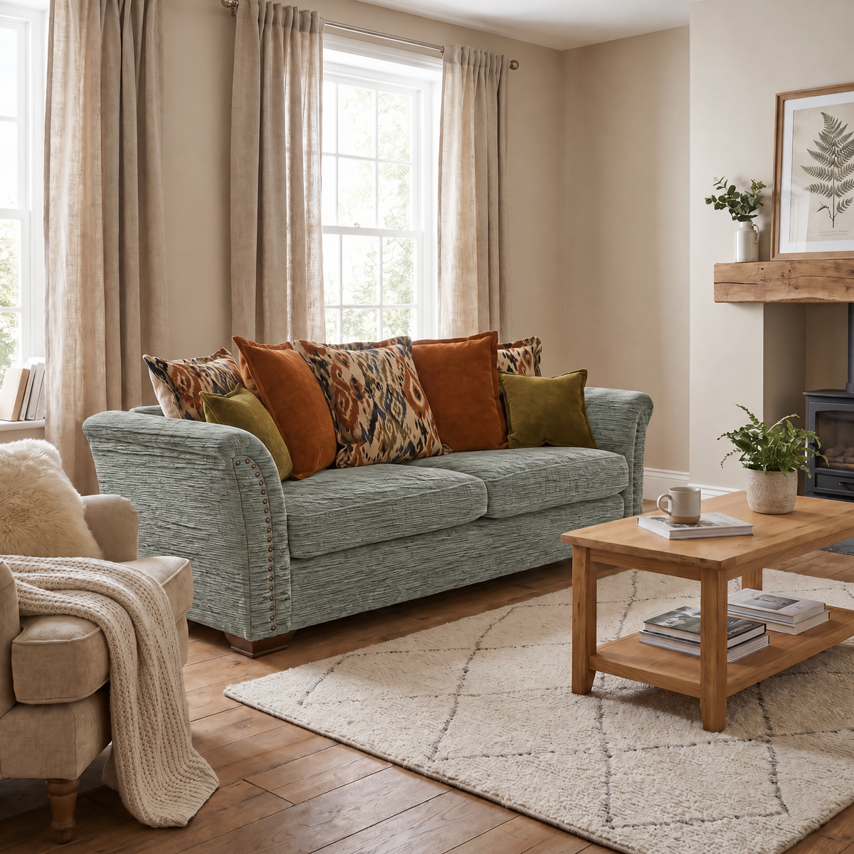 Burton 4 Seater Sofa - Grand Sofa Grade C — 3080 : Pesto Astrid Velvet Plain, gallery image 1