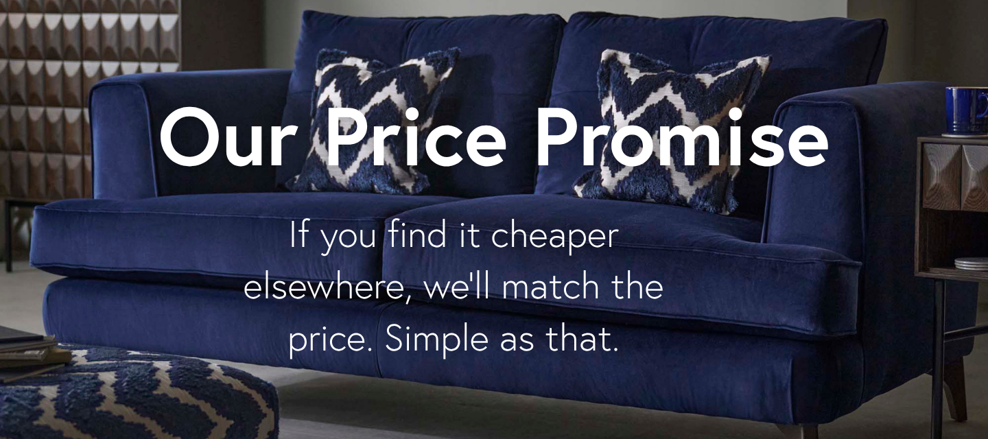 Blue sofa with patterned cushions and promotional text about a price match guarantee.