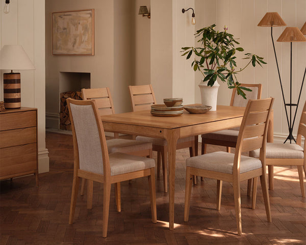 Dining room with wooden table and chairs, potted plant, and lamps.