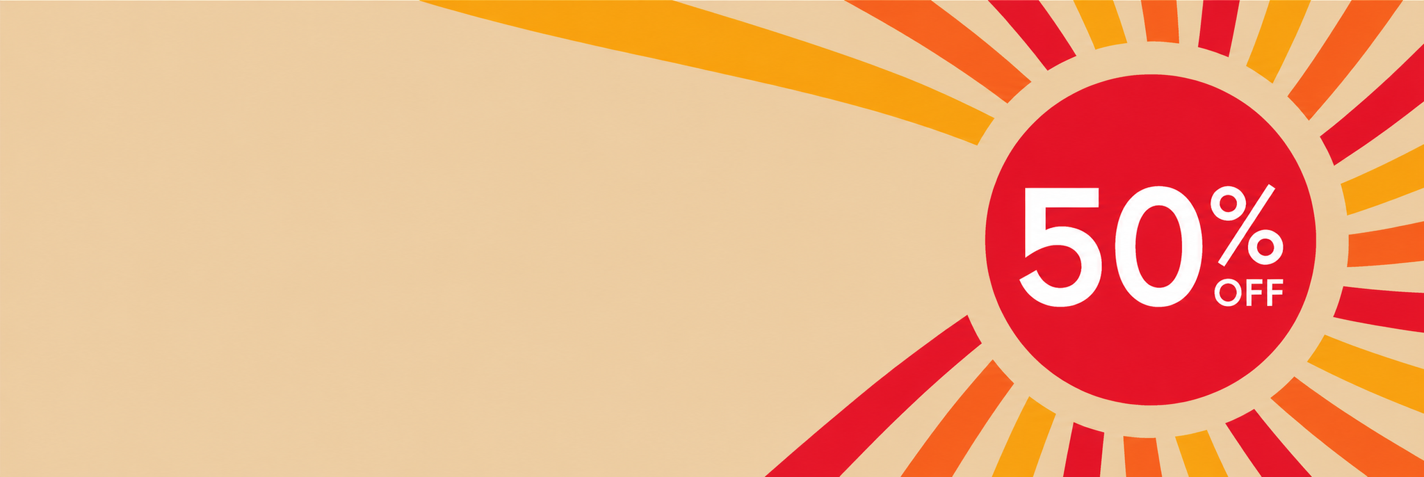 Promotional banner with '50% OFF' text in a red circle on a beige background with sunburst design.