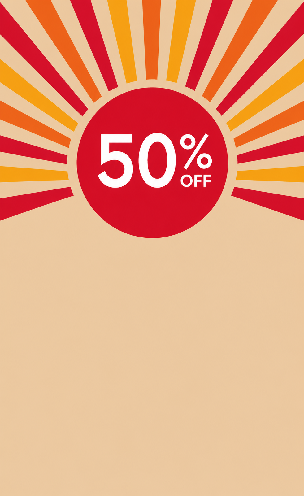 50% off discount sign with red circle and sunburst pattern on beige background