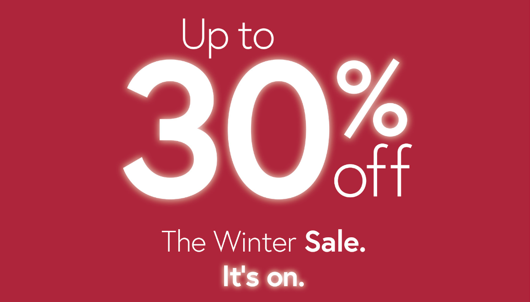 Winter sale advertisement with 'Up to 30% off' text on a red background