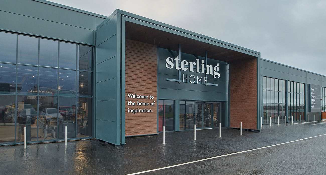 Sterling Home store exterior with glass facade and wooden accents