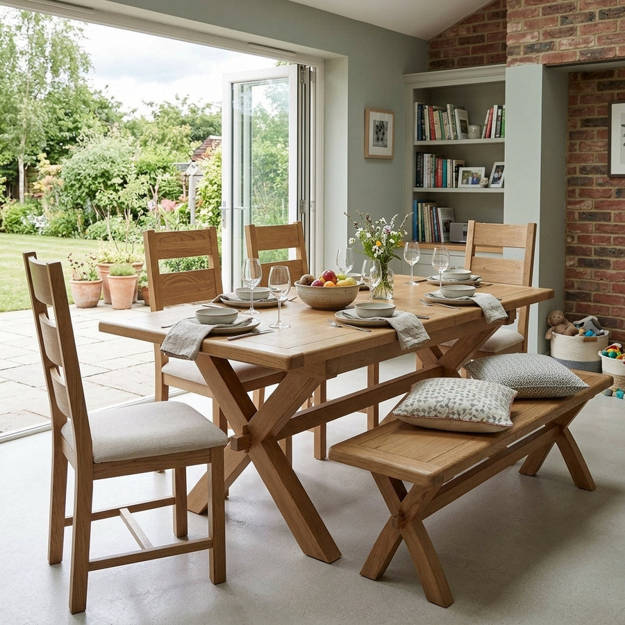 Willowmere Cross Leg Extending Dining Table, Bench & 4 Chairs Set Tables Sterling Home 2