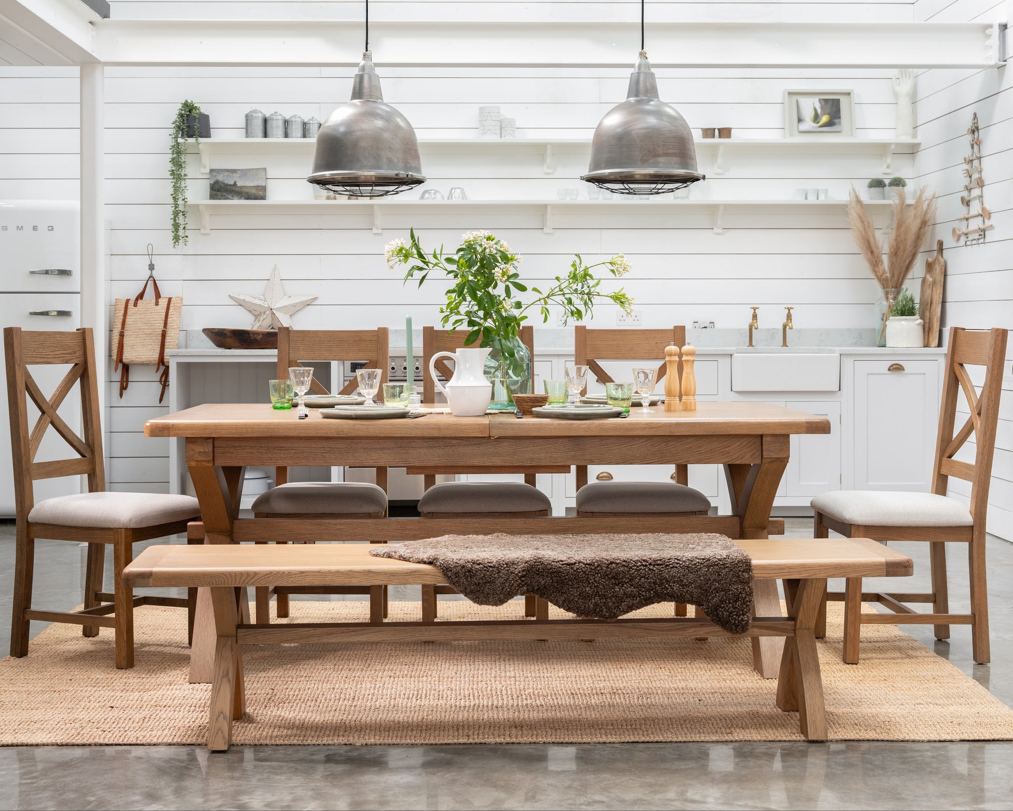 Willowmere Cross Leg Extending Dining Table, Bench & 3 Chairs Set Tables Sterling Home 1