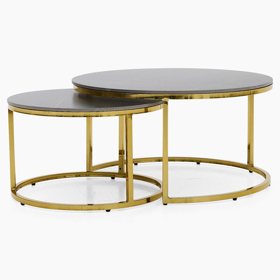 Circo Round Nest of Tables - Round Coffee Table Nest of 2 Tables Black & Gold Ceramic Top/Gold Powder Coat Legs Tables Sterling Home 1