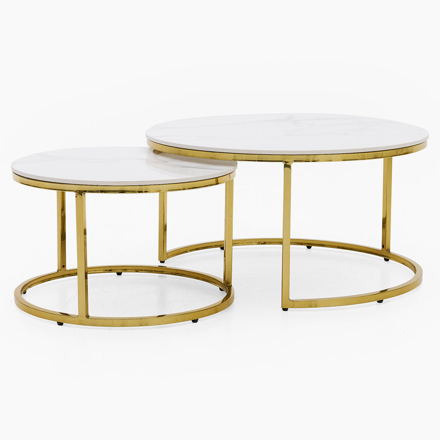 Circo Round Nest of Tables - Round Coffee Table Nest of 2 Tables White Ceramic Top/Gold Powder Coated Metal Legs Tables Sterling Home 1