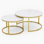 Circo Round Nest of Tables - Round Coffee Table Nest of 2 Tables White Ceramic Top/Gold Powder Coated Metal Legs Tables Sterling Home 2