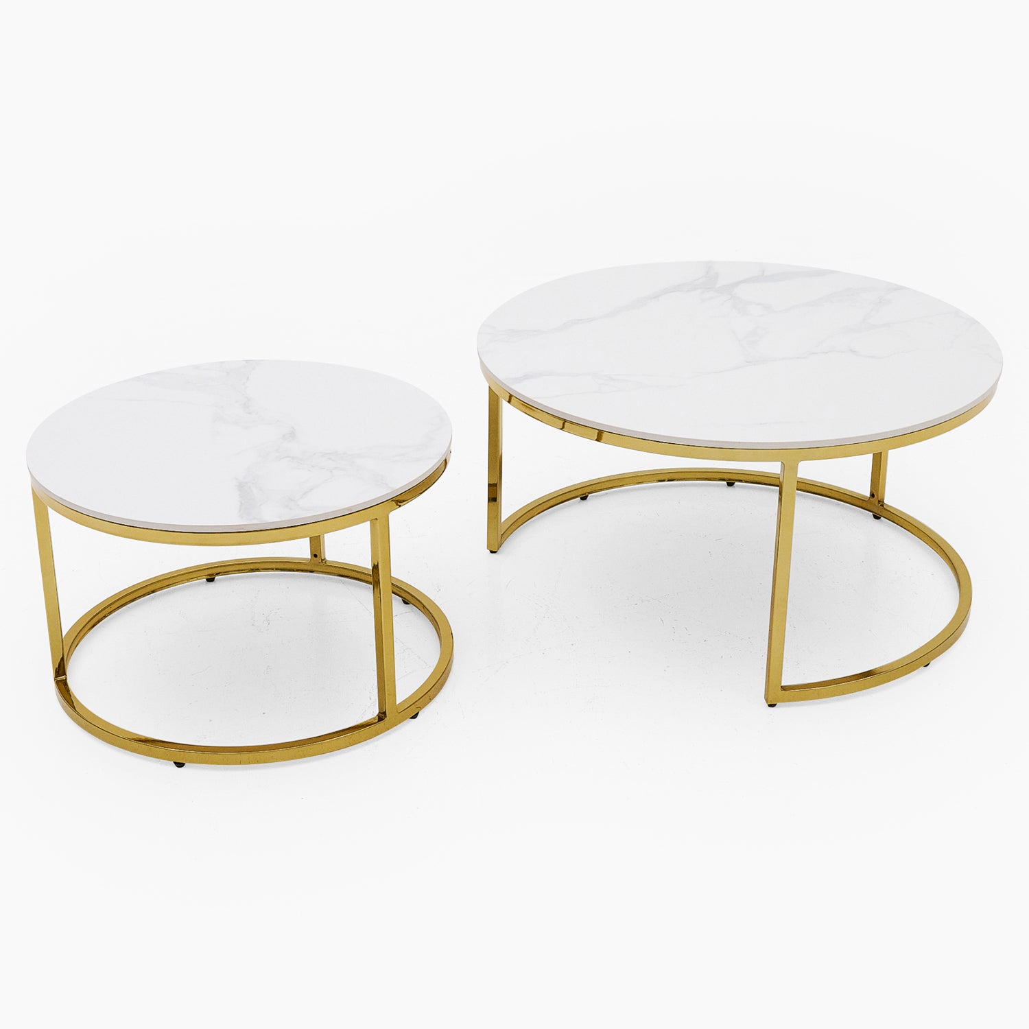 Circo Round Nest of Tables - Round Coffee Table Nest of 2 Tables White Ceramic Top/Gold Powder Coated Metal Legs Tables Sterling Home 4