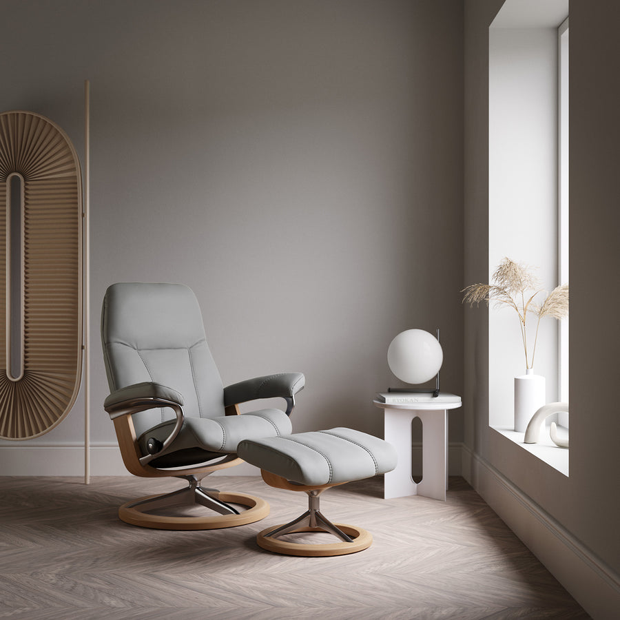 Stressless Consul Small Signature Base Recliner Chair with Footstool - Chair + Stool Signature Base Batick Armchairs Sterling Home 2