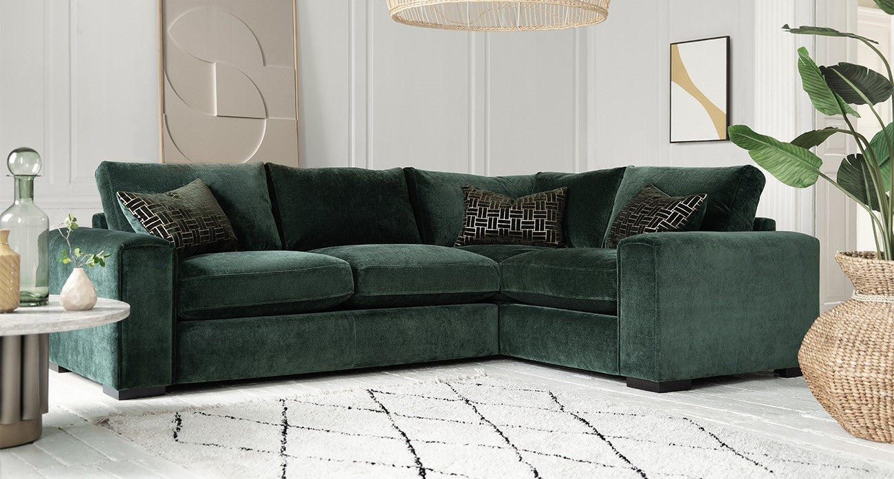 Velvet green corner sofa.
