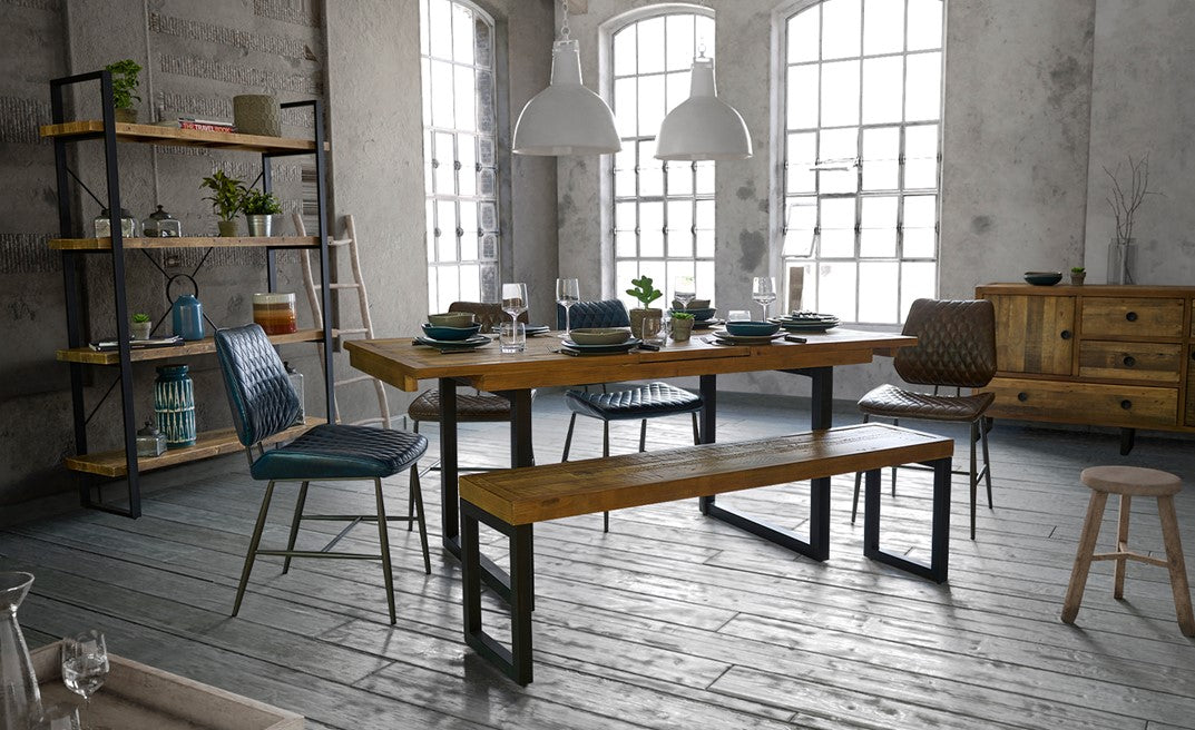 Rustic wooden dining set with 4 leather chairs and a wooden bench.
