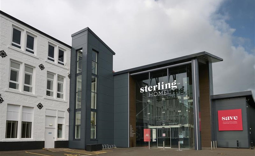 Front of building at Sterling Home flagship store in Tillicoultry with 'Sterling Home' signage 