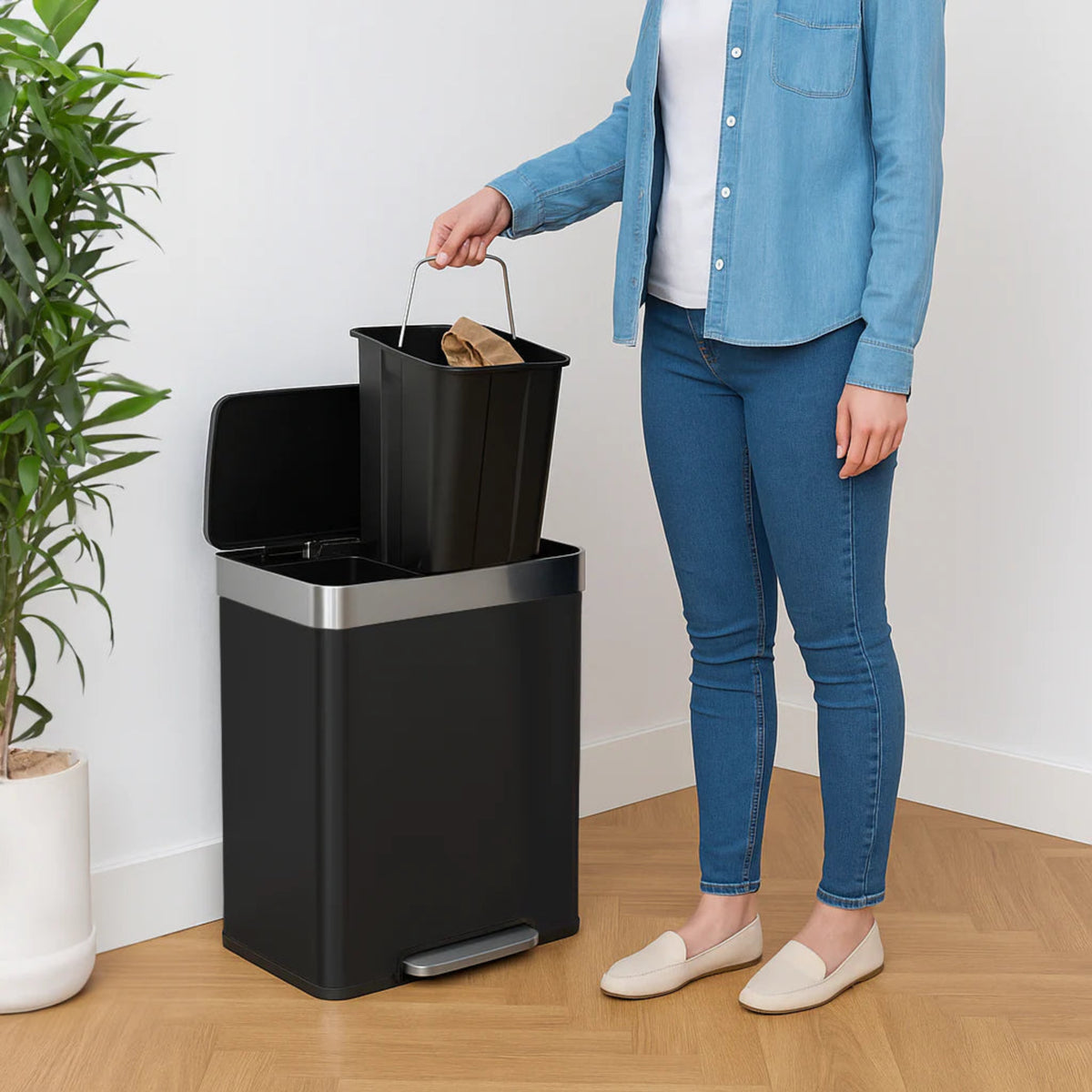 Matt Black Stainless Steel Double Kitchen Pedal Bin - Double Pedal Bin Matt Black 60L Sterling Home 2