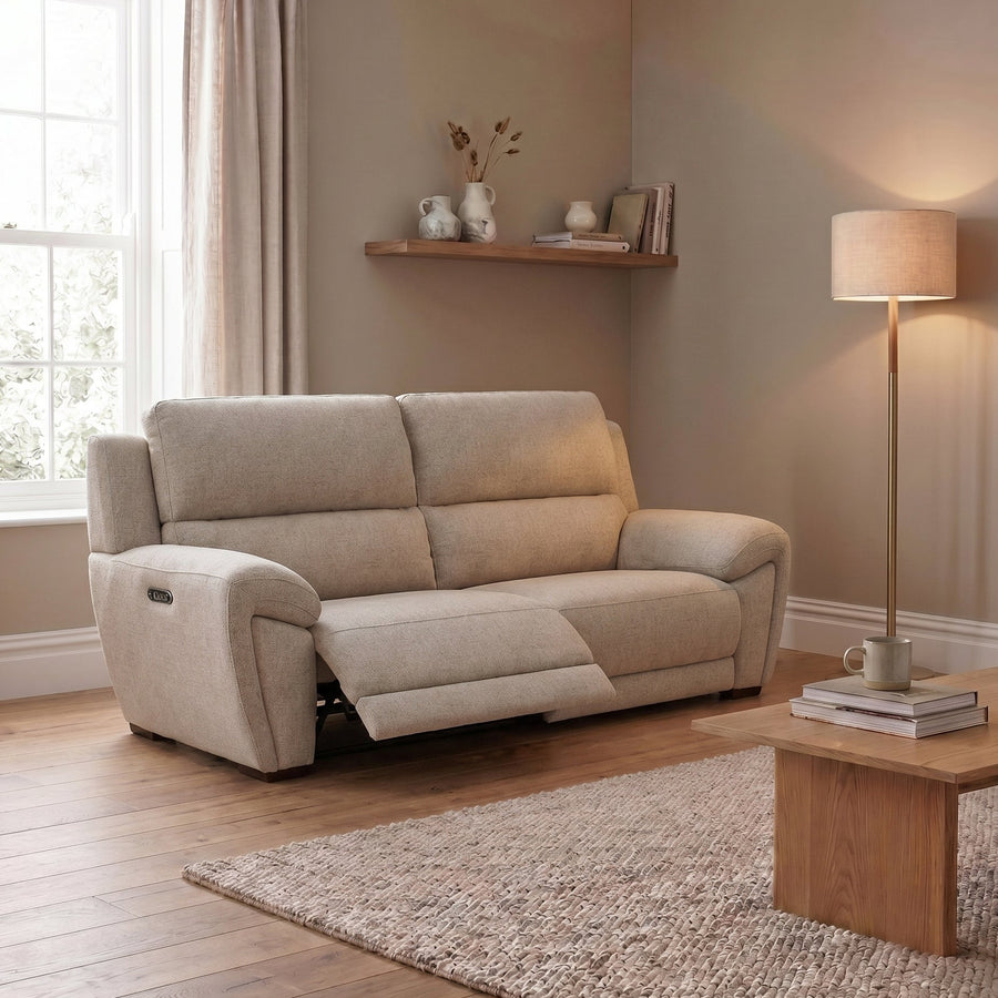 Echo 3 Seater Recliner Sofa - 2.5 Seater Sofa 2 Power Recliners Lumber Support Fabric - Power With Power Headrest Footrest Lumbar & USB 3 Seater Sofas Sterling Home 2