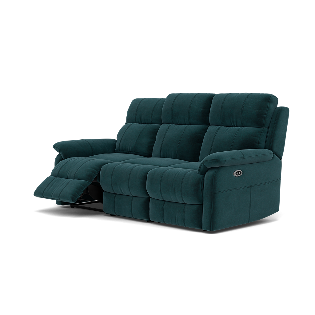 Fara 3 Seater Recliner Sofa - 3 Seater with 2 Power Recliners Fabric - Power Recliner with USB — FAB-MEG-36  LAKE GREEN, gallery image 3