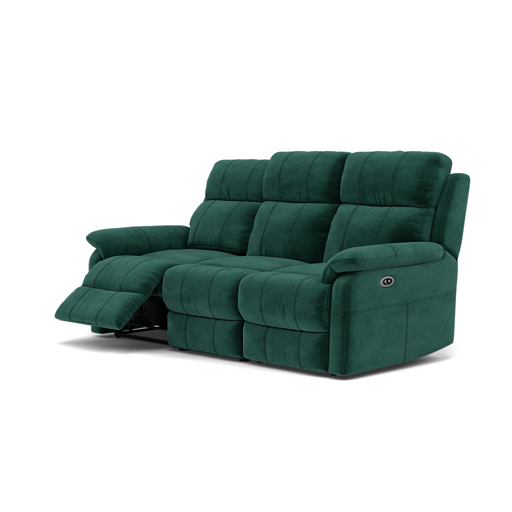 Fara 3 Seater Recliner Sofa - 3 Seater with 2 Power Recliners Fabric - Power Recliner with USB — FAB-MEG-37  EMERALD GREEN, gallery image 3