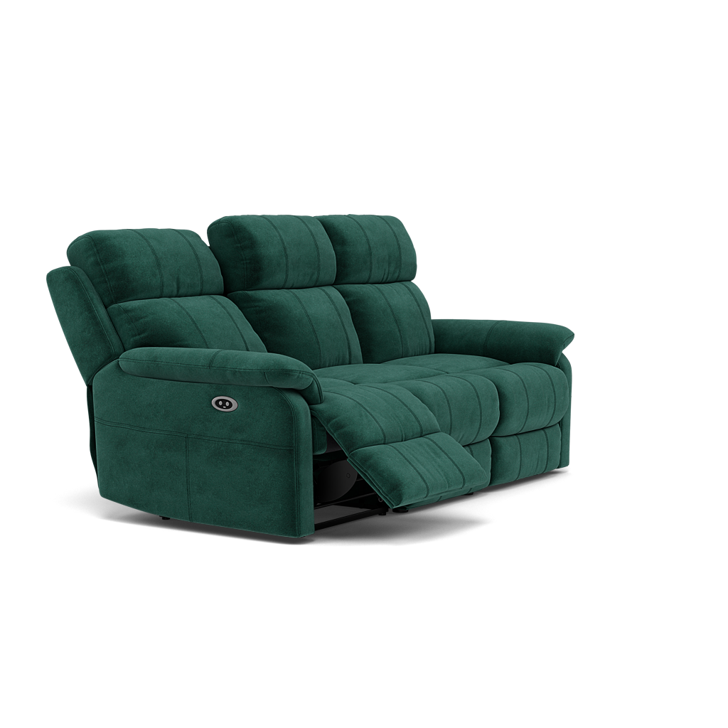 Fara 3 Seater Recliner Sofa - 3 Seater with 2 Power Recliners Fabric - Power Recliner with USB — FAB-MEG-37  EMERALD GREEN, gallery image 1