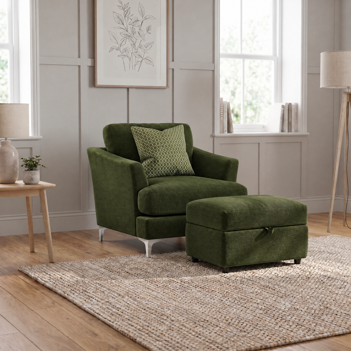 Tulip Armchair - Chair Fabric — Manhattan Conifer/Avana Cream/Lattice Olive / Brushed Chrome, gallery image 3