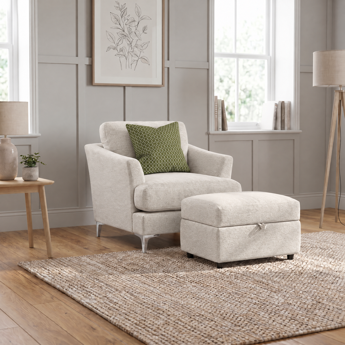 Tulip Armchair - Chair Fabric — Avana Cream/Lattice Olive/Manhattan Conifer / Brushed Chrome, gallery image 3