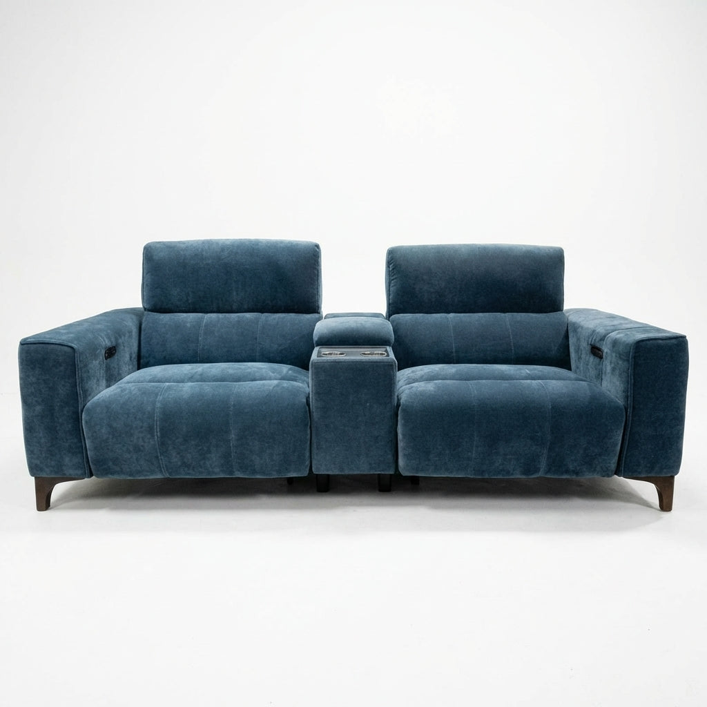Blue Savoy Media Sofa in steel blue on a white background