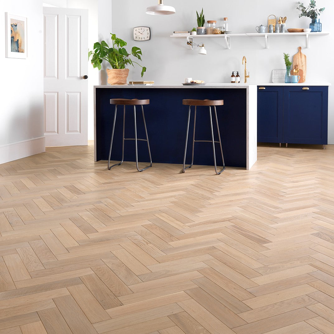 Kitchen with wooden floor and blue units.