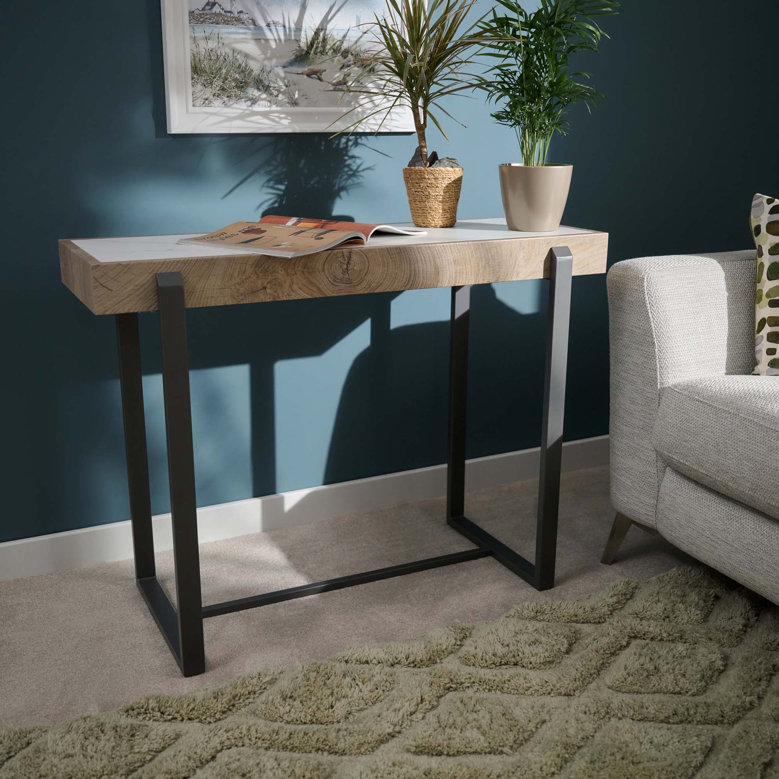 Hanson Console Table - Sofa Table Snow Mountain Sintered Stone / Light Smooth Wood Paper Veneer / Gun Grey Metal L Sterling Home 2