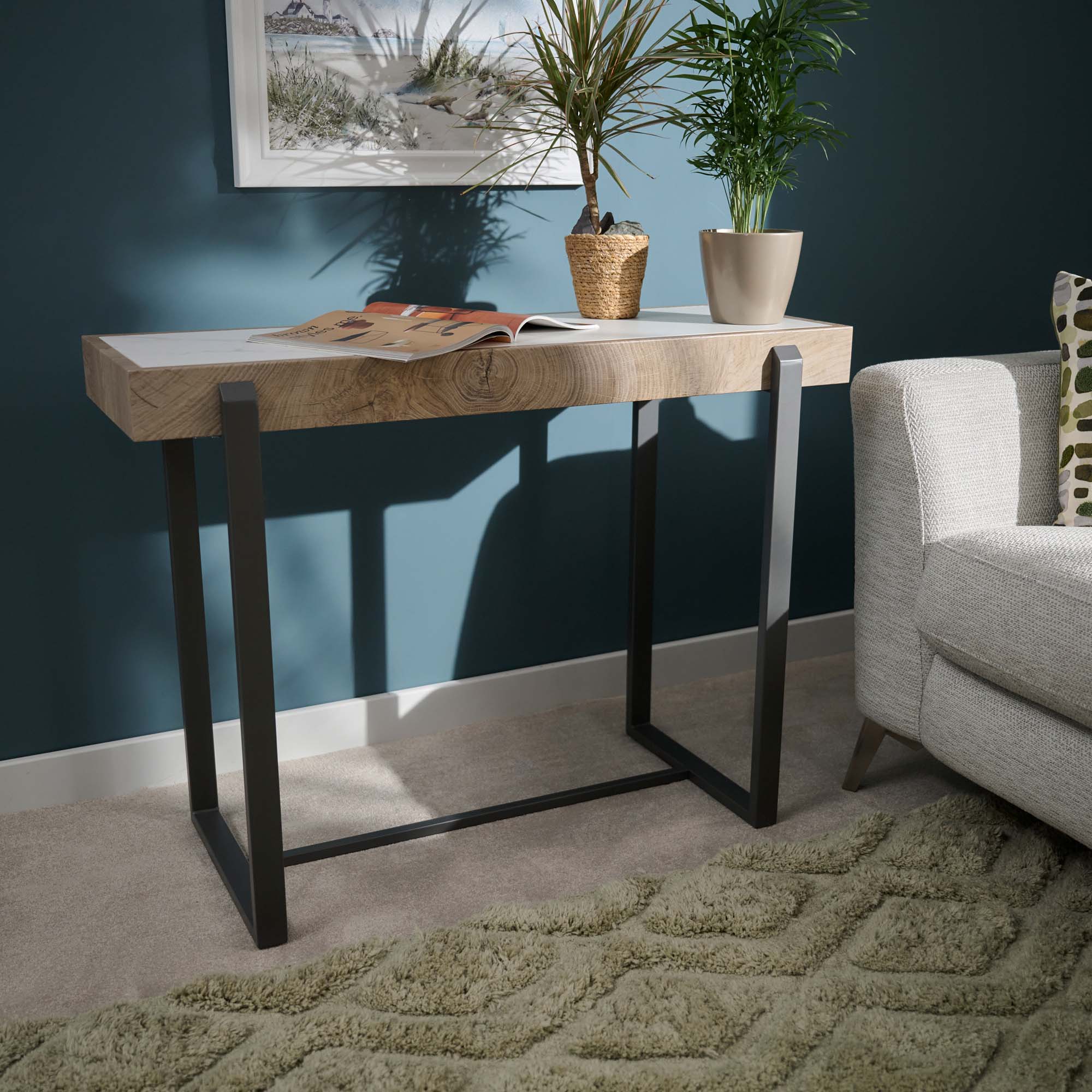 Hanson Console Table - Sofa Table Snow Mountain Sintered Stone / Light Smooth Wood Paper Veneer / Gun Grey Metal L Sterling Home 2