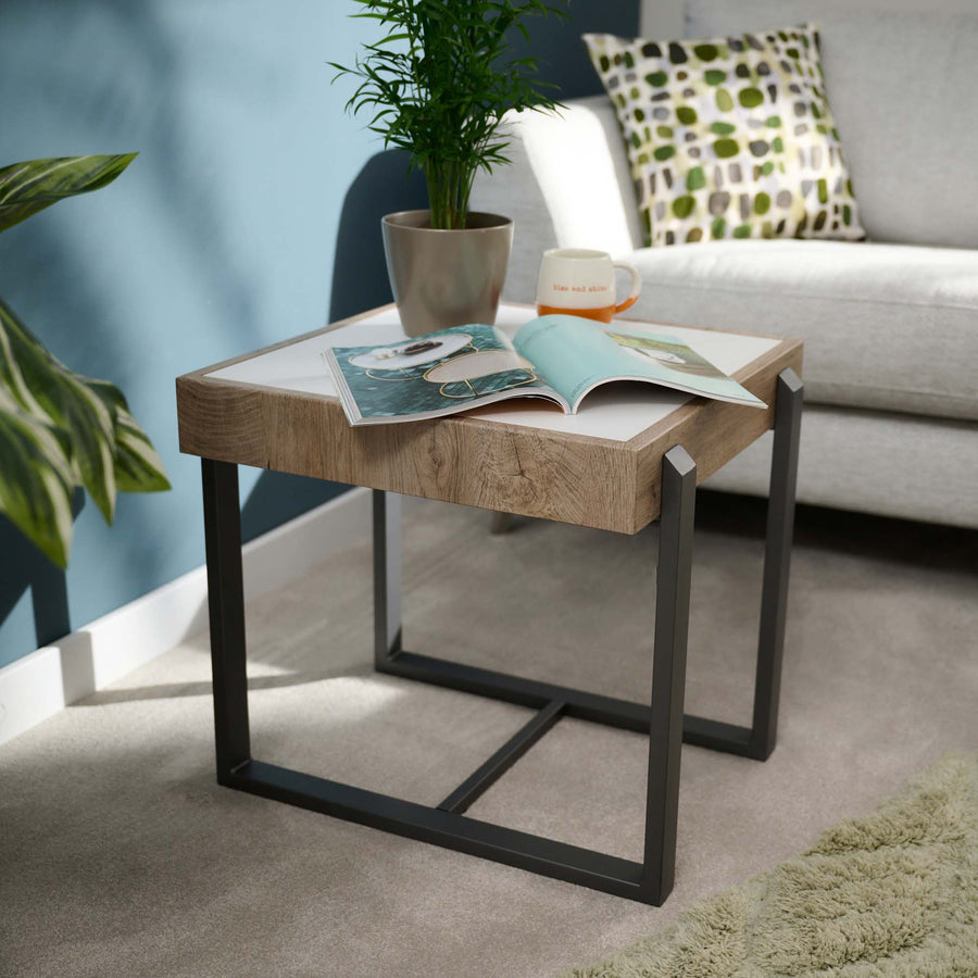 Hanson Side Table - End Table Snow Mountain Sintered Stone / Light Smooth Wood Paper Veneer / Gun Grey Metal L Sterling Home 2