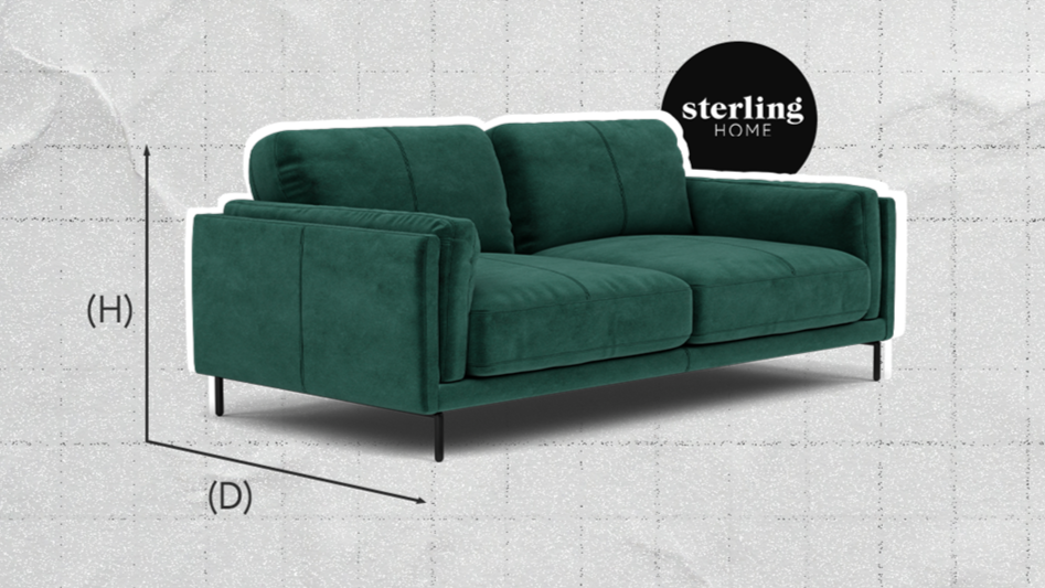 Green sofa with dimensions labeled on a textured gray background, featuring the 'sterling home' brand.