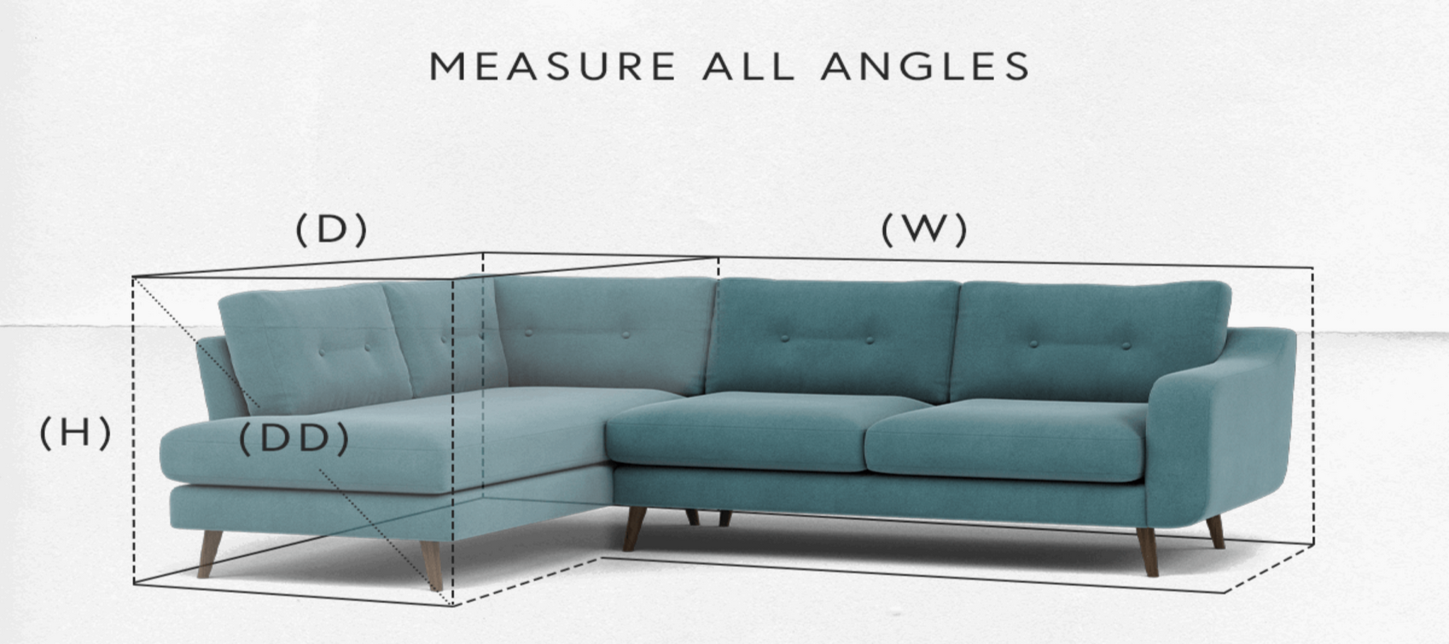 Teal sectional sofa with measurement labels on a white background