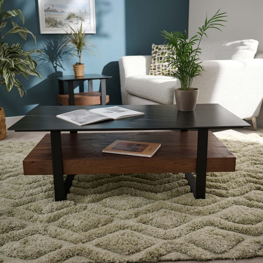 Milburn Coffee Table - Coffee Table Saroland Sintered Stone / Brown Cherry Paper Veneer / Black Metal Frame Sterling Home 2