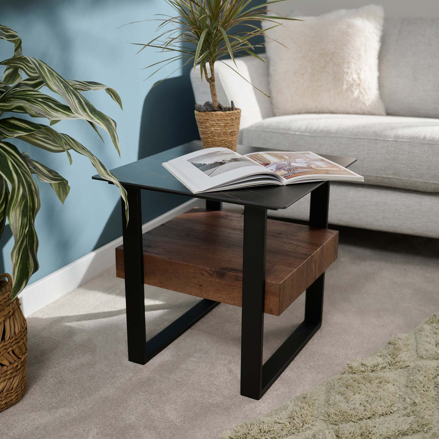 Milburn Side Table - End Table Saroland Sintered Stone / Brown Cherry Paper Veneer / Black Metal Frame Sterling Home 2