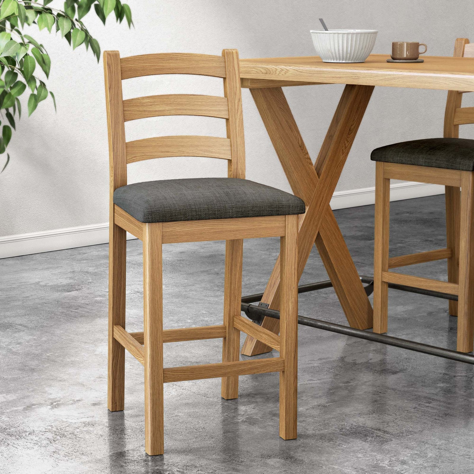 Navarre Bar Stool - Bar Stool Oak / Grey Fabric - Grey Chairs Sterling Home 2