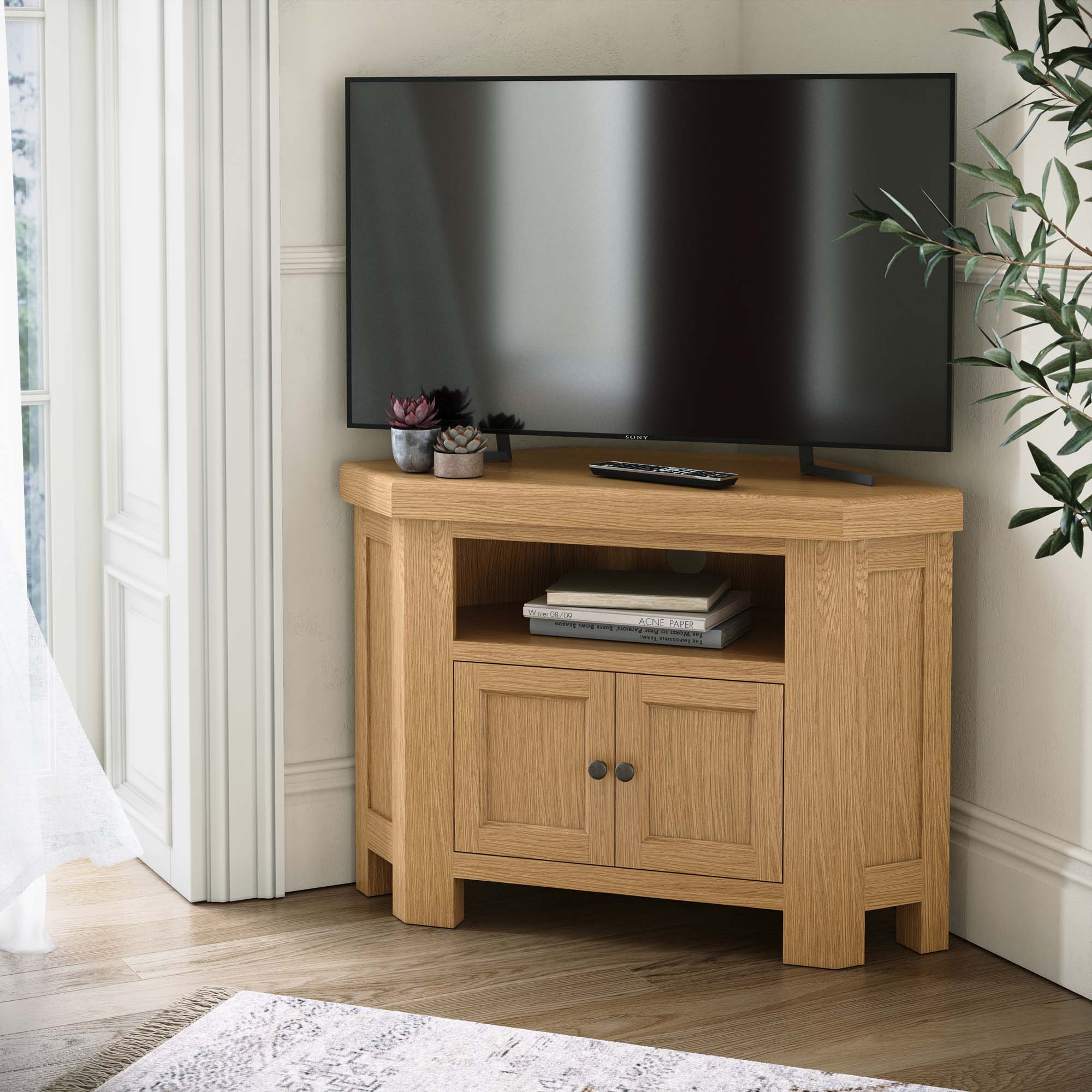 Navarre 2 Door Corner TV Unit - Corner TV Unit With 2 Doors Oak / Oak Veneer Storage Sterling Home 2