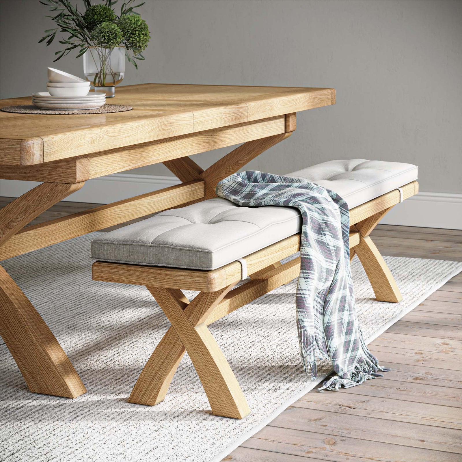 Navarre Cross Bench - Cross Bench Oak / Beige Fabric - Beige Chairs Sterling Home 2