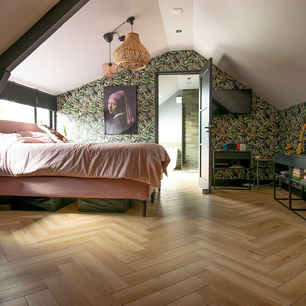 Modern bedroom with floral wallpaper, wooden floor, and a bed.