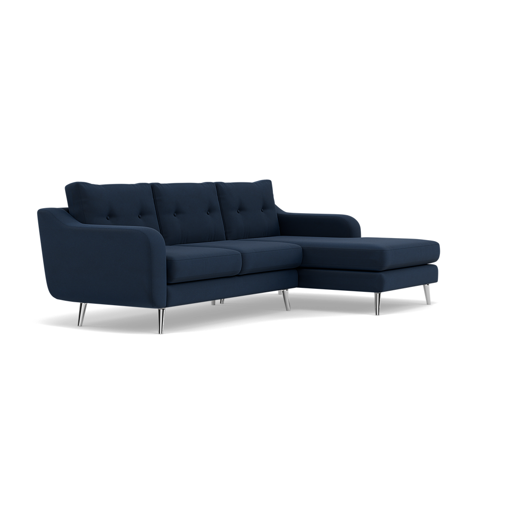 Phoebe Large Chaise Sofa - Large Chaise Sofa RHF Standard Back Grade B - Right Hand Facing — Plush Velvet Indigo / Chrome, gallery image 1