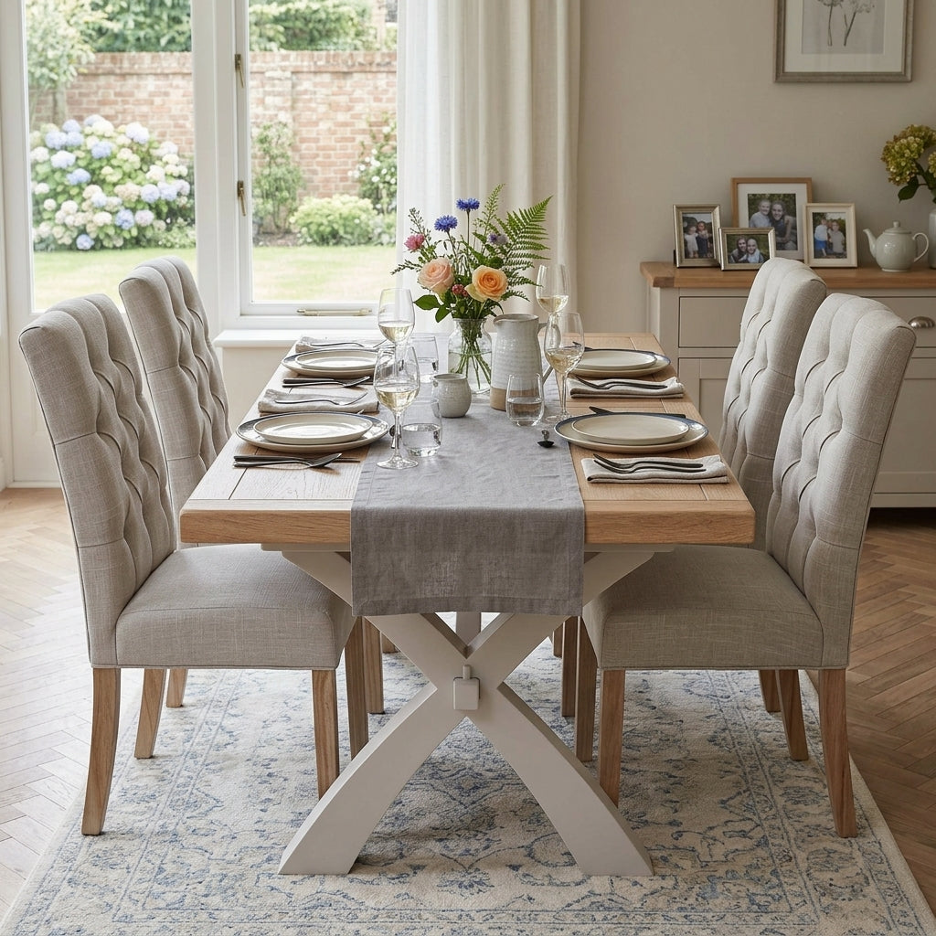 Salford Cross Leg Dining Table & 4 Button Back Chairs Set Sterling Home 2
