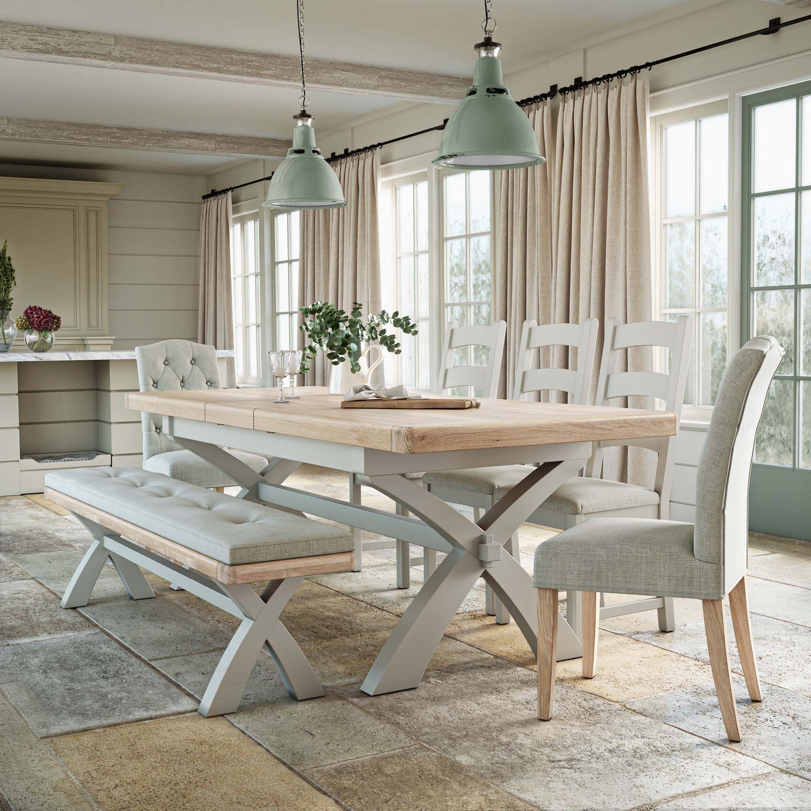 Salford Cross Bench - Cross Bench Stone Grey / Grey Fabric - Grey Sterling Home 2