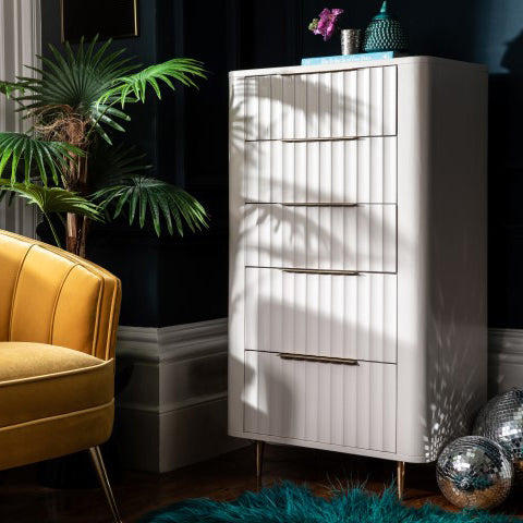 Saskia 5 Drawer Cabinet - 5 Drawer Tall Chest Soft Grey Painted / Brass Storage Sterling Home 2