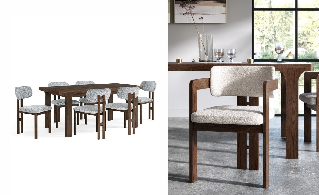 Wooden dining table set with wooden and cream fabric chairs in a modern interior setting