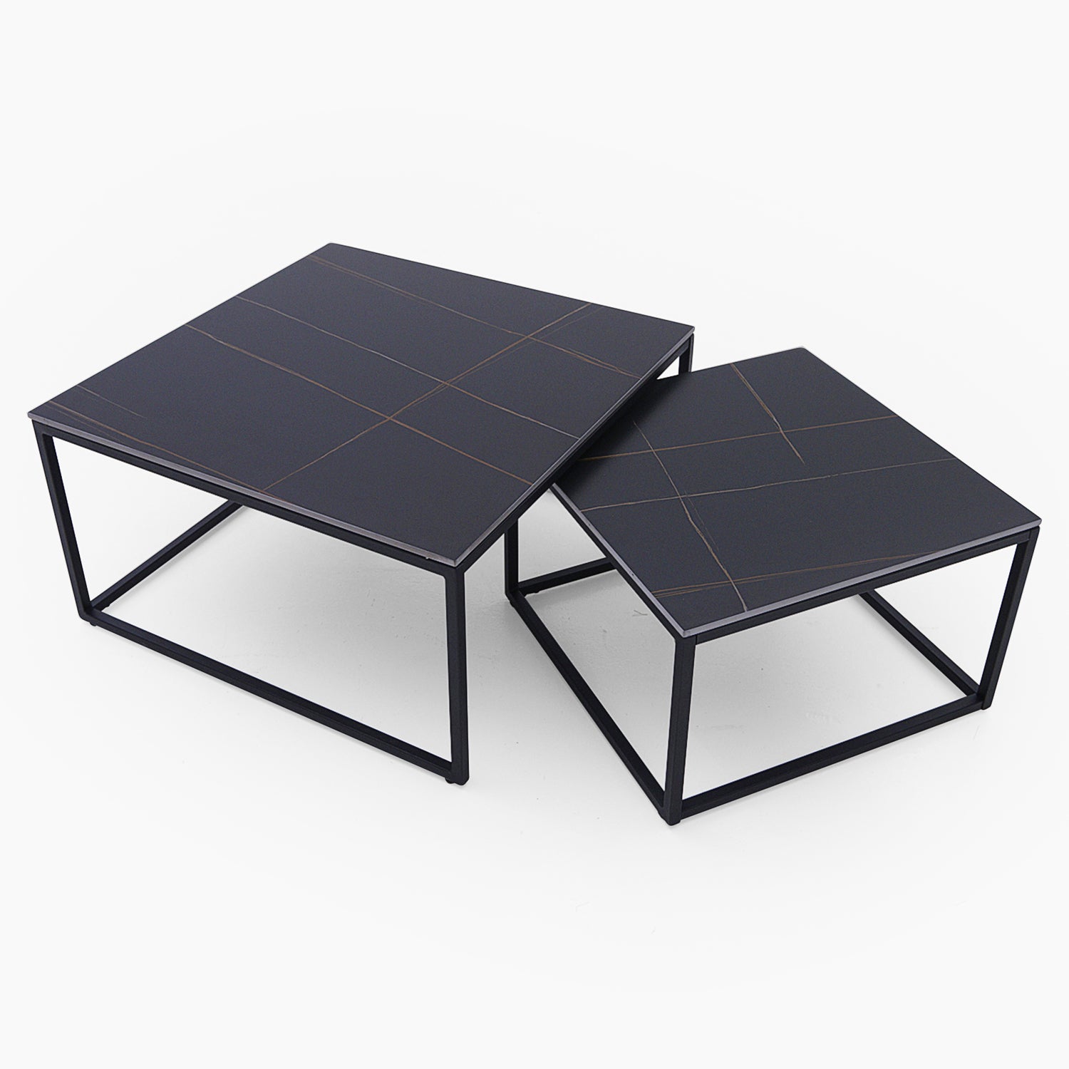 Tyler Black Ceramic Nest of 2 Coffee Tables - Square Coffee Nest of 2 Tables Black Ceramic Top / Black Powder Coated Metal Legs Tables Sterling Home 2