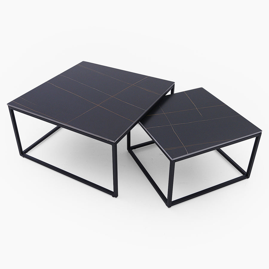 Tyler Square Nest of Coffee Tables - Square Coffee Nest of 2 Tables Black Ceramic Top / Black Powder Coated Metal Legs Tables Sterling Home 2