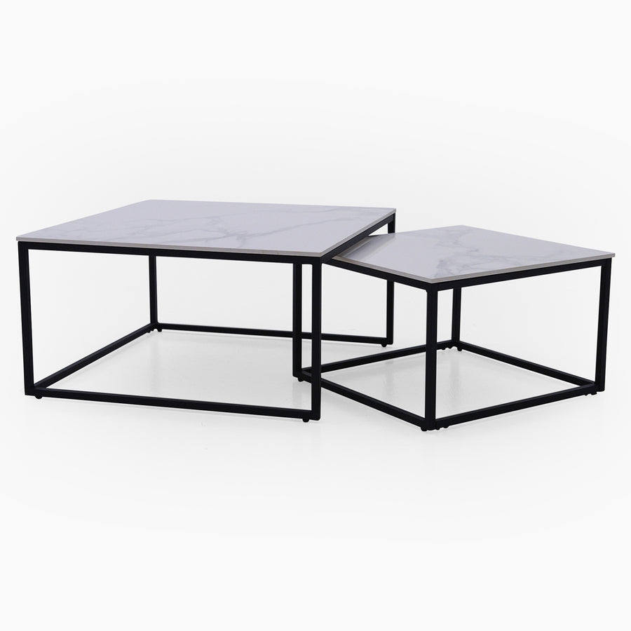 Tyler Square Nest of Coffee Tables - Square Coffee Nest of 2 Tables White Ceramic Top / Black Powder Coated Metal Legs Tables Sterling Home 1