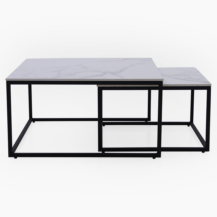 Tyler Square Nest of Coffee Tables - Square Coffee Nest of 2 Tables White Ceramic Top / Black Powder Coated Metal Legs Tables Sterling Home 2